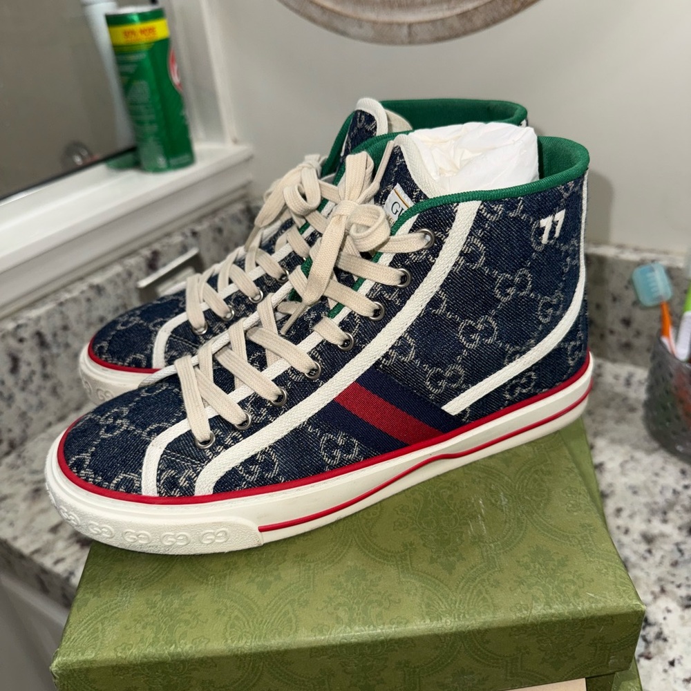Gucci Denim Blue High-Top Sneakers size 39